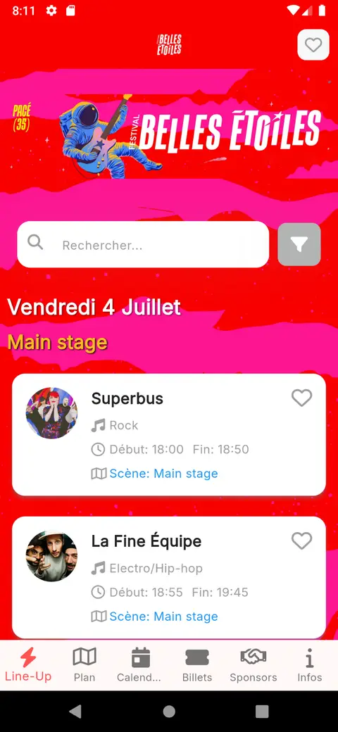 Application EventMigo du festival Belles Étoiles : line-up par scène, recherche et favoris